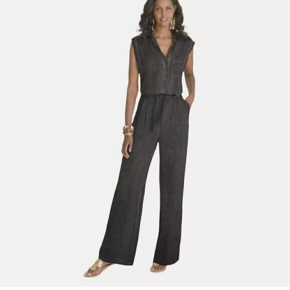 Soft Surroundings Jumpsuit Gray Washed Tied Camilla Pockets Size S - Picture 1 of 9